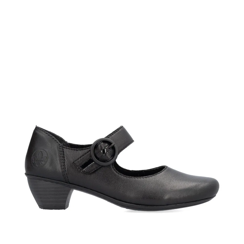 Black Leather Rieker Shoes Low Heel Strap Court 41756-00