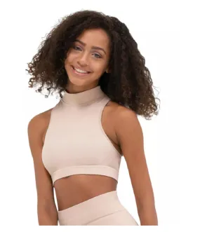 Capezio Women's Mock Neck Seamless Rib Crop Top, Sand, X-Small/Small