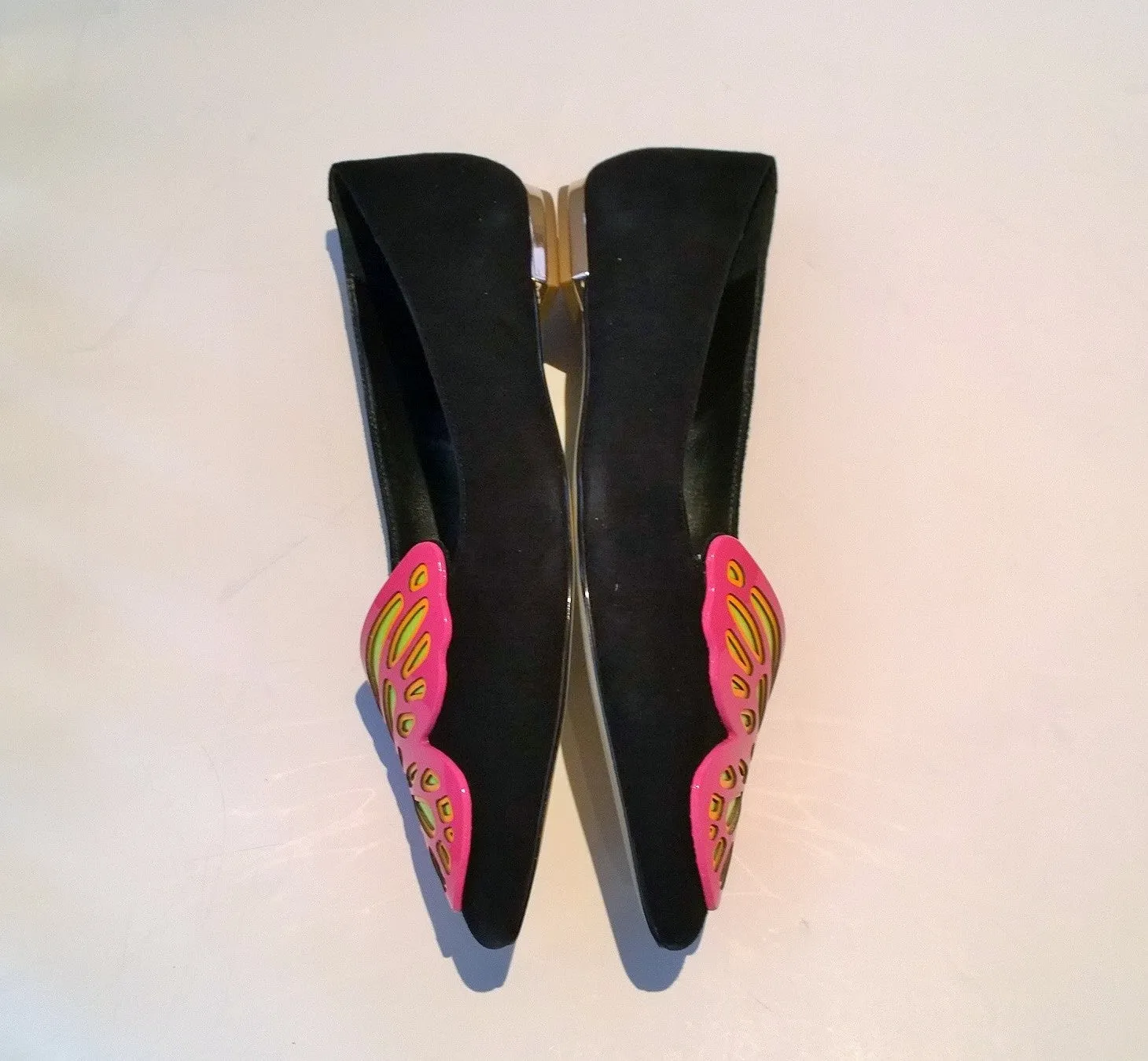 Sophia Webster Bibi Butterfly Flats in Black Suede and Neon Pink and Yellow