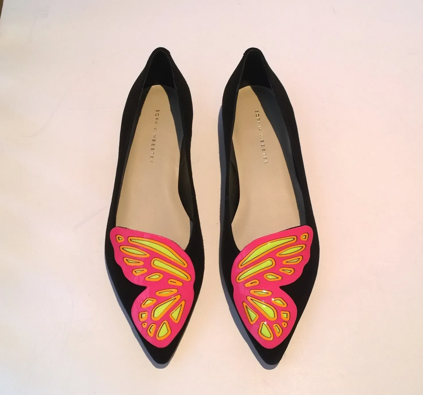 Sophia Webster Bibi Butterfly Flats in Black Suede and Neon Pink and Yellow